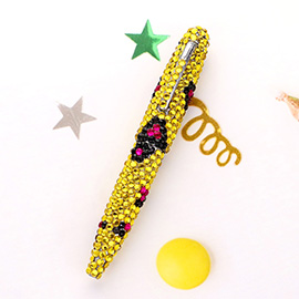 Leopard Patterned Crystal Embellished Ball Pen