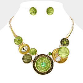 Stone Embellished Colored Round Metal Cluster Necklace