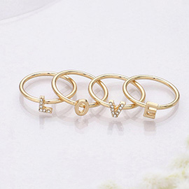 4PCS - LOVE Rhinestone Embellished Message Rings