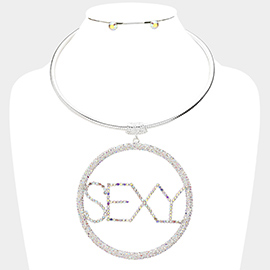 SEXY Rhinestone Embellished Message Open Circle Pendant Necklace