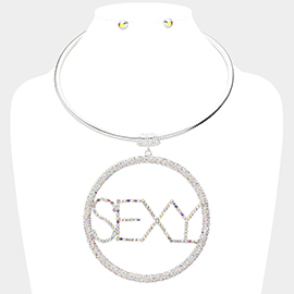 SEXY Rhinestone Embellished Message Open Circle Pendant Necklace
