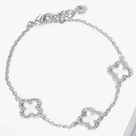 White Gold Dipped CZ Triple Quatrefoil Charm Station Bracelet