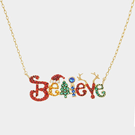 Believe Gold Dipped CZ Santa Hat Reindeer Message Pendant Necklace