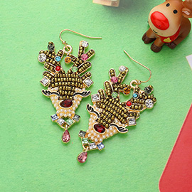 Pearl Stone Embellished Seed Beaded Reindeer Dangle Earrings