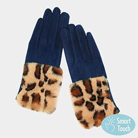 Leopard Patterned Faux Fur Cuff Accented Soft Suede Smart Gloves