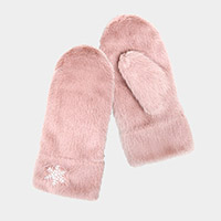 Snowflake Accented Super Soft Faux Fur Mitten Gloves