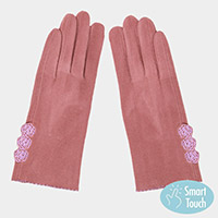 Rose Flower Embroidery Accented Solid Soft Faux Suede Smart Gloves
