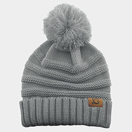Cable Knit Ribbed Chunk Pom Pom Beanie Hat