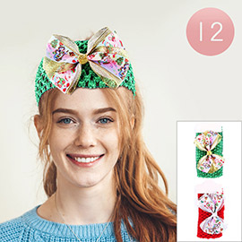 12PCS - Christmas Tree Snowman Printed Bow Accented Headbands