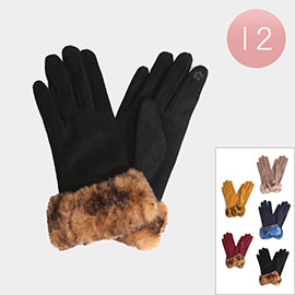 12PAIRS - Solid Colored Faux Fur Cuff Smart Touch Gloves