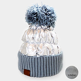 Fleece Lining  Puffer Knit Pom Pom Beanie Hat