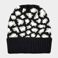 Leopard Patterned Ribbed Knit Cuff Beanie Hat