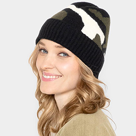 Camouflage Patterned Ribbed Knit Cuff Beanie Hat