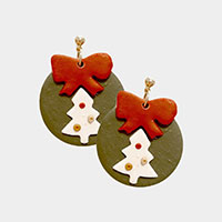 Christmas Tree Bow Polymer Clay Dangle Earrings