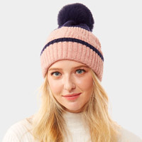 Colorful Lurex Accented Two Tone Knit Pom Pom Beanie Hat