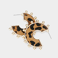 Leopard Patterned Genuine Leather Metal Ball Trim Earrings