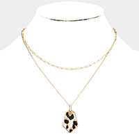 Leopard Patterned Genuine Leather Angled Pendant Double Layered Necklace
