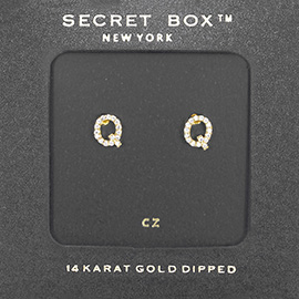 -Q- Secret Box _ 14K Gold Dipped CZ Monogram Stud Earrings