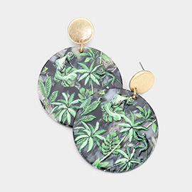 Leaf Printed Celluloid Acetate Round Dangle Earrings