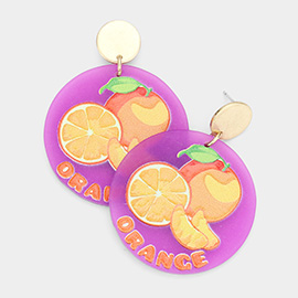 Orange Printed Resin Round Dangle Earrings