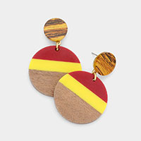 Color Block Wood Resin Round Dangle Earrings