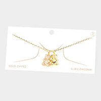 Gold Dipped CZ Embellished Double Metal Bear Pendant Necklace