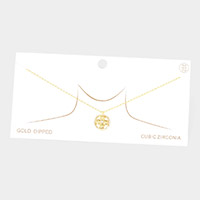Gold Dipped CZ Centered Metal Quatrefoil Round Pendant Necklace
