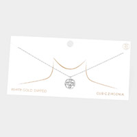 White Gold Dipped CZ Centered Metal Quatrefoil Round Pendant Necklace