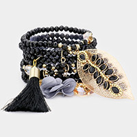 7PCS - Leaf Tassel Charm Faceted Beaded Stretch Bracelets