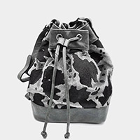 Cow Patterned Faux Leather Drawstring Crossbody Bag