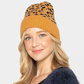 Leopard Patterned Ribbed Cuff Beanie Hat