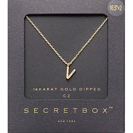 -V- Secret Box _ 14K Gold Dipped CZ Monogram Pendant Necklace