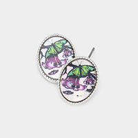 Butterfly Printed Oval Mother of Pearl Stud Earrings