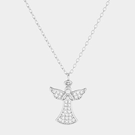 White Gold Dipped CZ Embellished Metal Angel Pendant Necklace