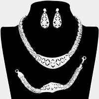 3PCS - Round Stone Centered Metal Accented Necklace Jewelry Set