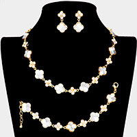 3PCS - Stone Embellished Quatrefoil Link Necklace Jewelry Set