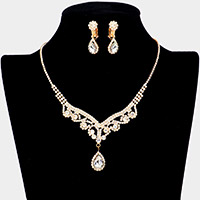 Teardrop Stone Accented Rhinestone Necklace Clip on Earring Set