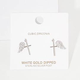 White Gold Dipped CZ Stone Paved Wing Metal Cross Stud Earrings