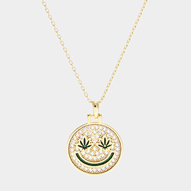 Gold Dipped Hemp Leaf Pointed CZ Smile Pendant Necklace