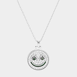 White Gold Dipped Hemp Leaf Pointed CZ Smile Pendant Necklace