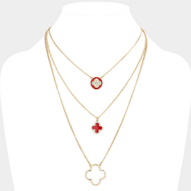Enamel Rhinestone Embellished Quatrefoil Pendant Triple Layered Necklace