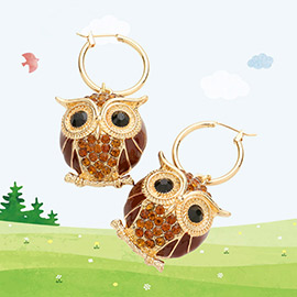 Metal Hoop Rhinestone Embellished Owl Link Pin Catch Earrings