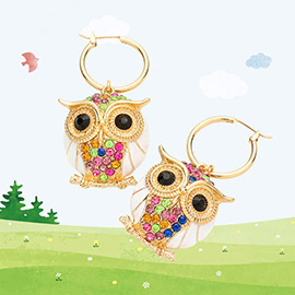 Metal Hoop Rhinestone Embellished Owl Link Pin Catch Earrings