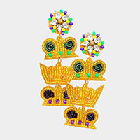 Felt Back Beaded Triple Mardi Gras Crown Link Dangle Earrings
