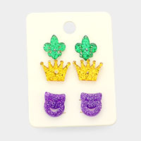 3Pairs - Glittered Resin Fleur de Lis Crown Mardi Gras Mask Stud Earrings