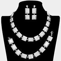 3PCS - Rhinestone Embellished Square Rectangle Link Necklace Jewelry Set