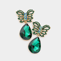Rhinestone Embellished Butterfly Teardrop Stone Link Dangle Evening Earrings