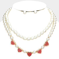 2PCS - Rhinestone Embellished Metal Heart Accented Pearl Necklaces
