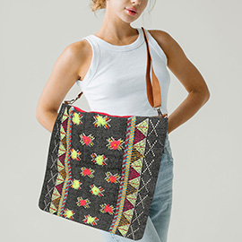 Handwoven Embroidery Boho Pattern Bamboo Handle Tote / Crossbody Bag