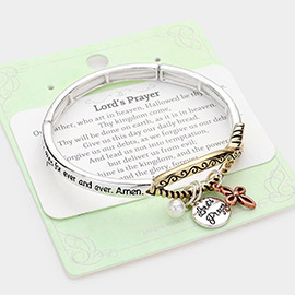 Lord's Prayer Ichthys Accented Metal Cross Pearl Charm Stretch Bracelet